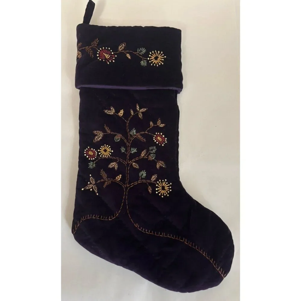 Pottery barn Retired Christmas Stocking Embroidered Purple Cotton Velvet
